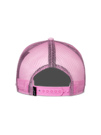 Alpinestars Corp Trucker pet, roze, achteraanzicht, voorzien van roze mesh achterpanelen en een verstelbare snapback-sluiting, casual motorsport-geïnspireerd hoofddeksel