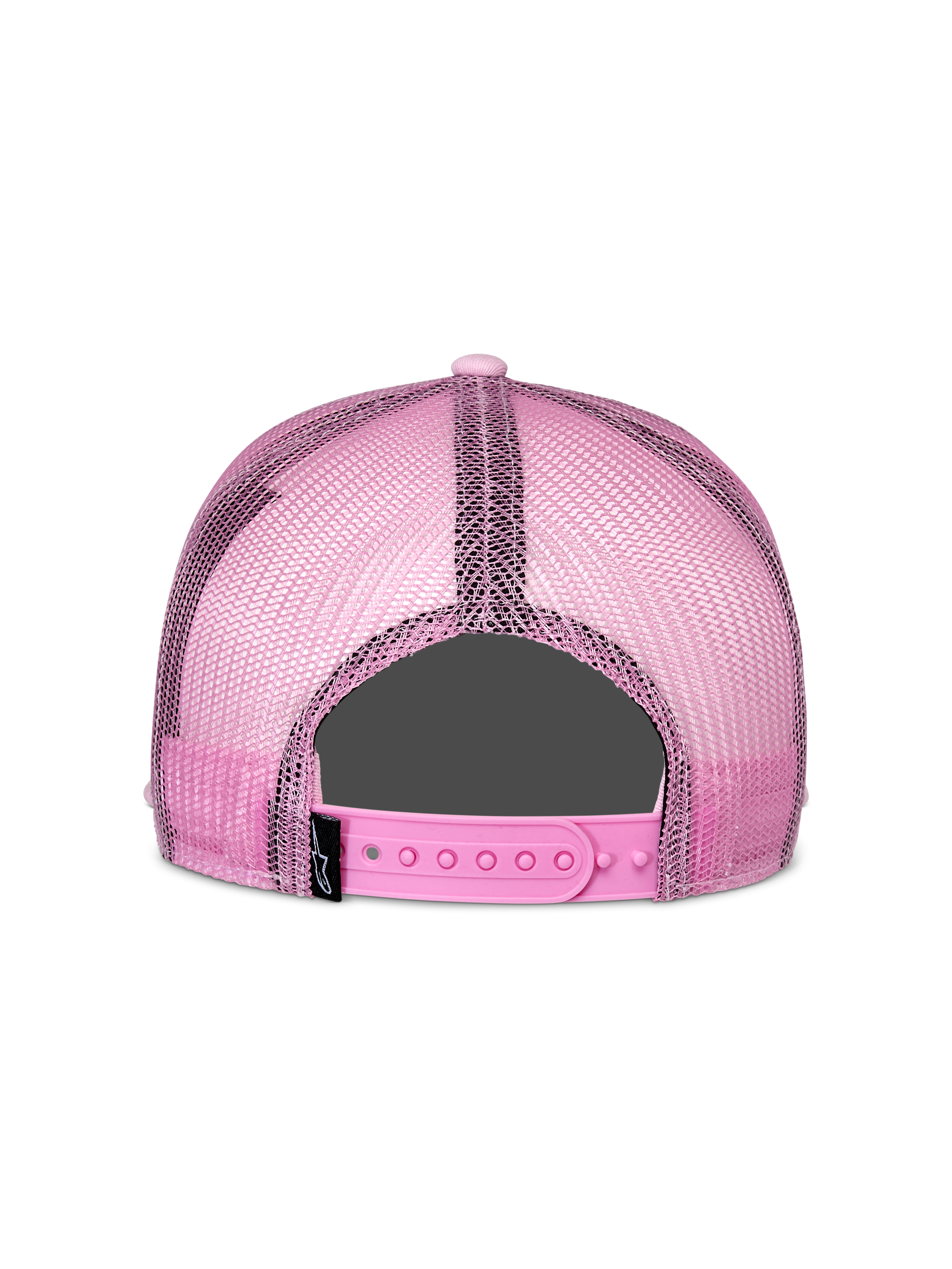 Alpinestars Corp Trucker pet, roze, achteraanzicht, voorzien van roze mesh achterpanelen en een verstelbare snapback-sluiting, casual motorsport-geïnspireerd hoofddeksel