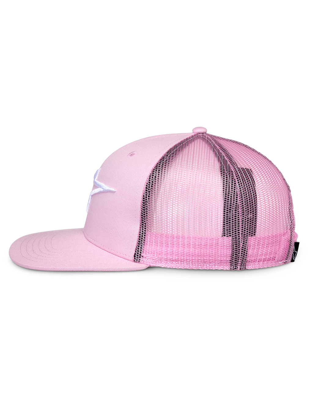 Alpinestars Corp Trucker pet, roze, zijprofiel, platte klep en gestructureerde kroon, wit geborduurd logo op twill voorzijde, roze mesh achterkant, verstelbare snapback-sluiting, casual sportkleding