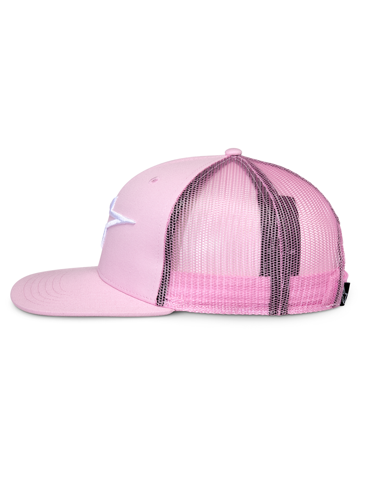 Alpinestars Corp Trucker pet, roze, zijprofiel, platte klep en gestructureerde kroon, wit geborduurd logo op twill voorzijde, roze mesh achterkant, verstelbare snapback-sluiting, casual sportkleding