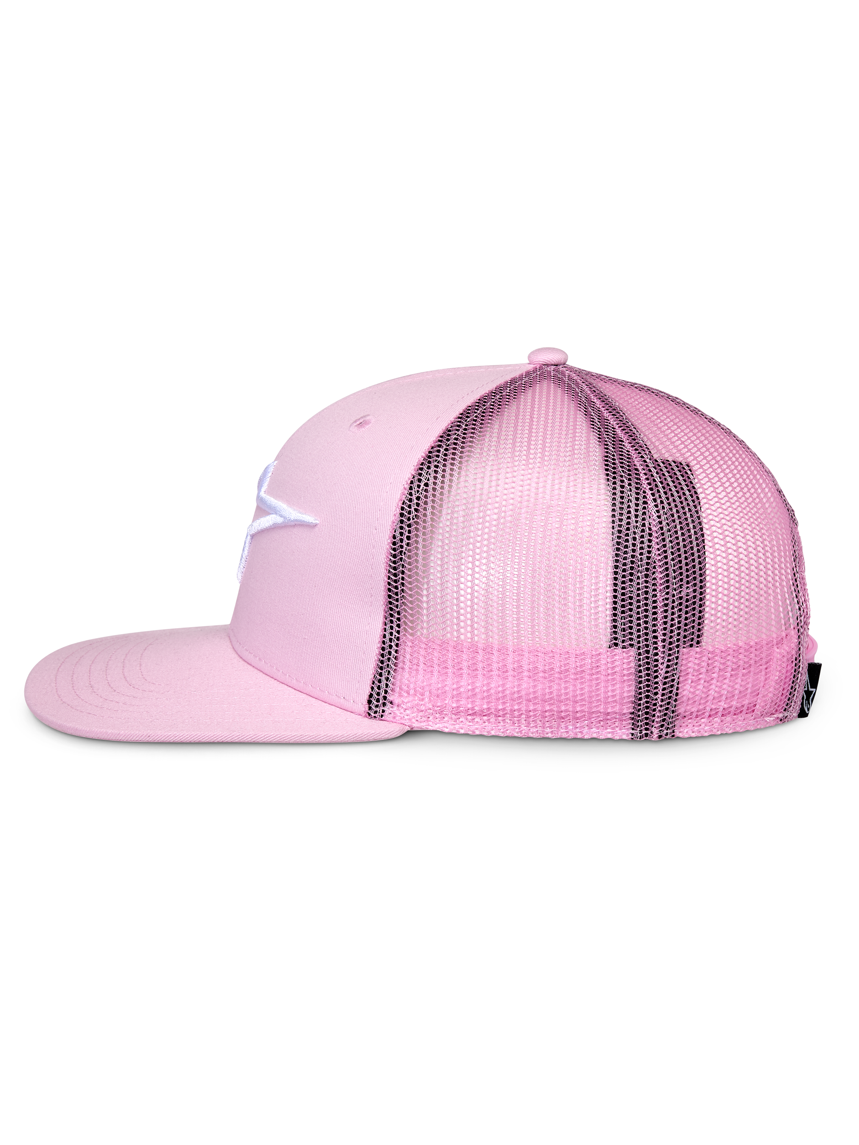 Alpinestars Corp Trucker pet, roze, zijprofiel, platte klep en gestructureerde kroon, wit geborduurd logo op twill voorzijde, roze mesh achterkant, verstelbare snapback-sluiting, casual sportkleding