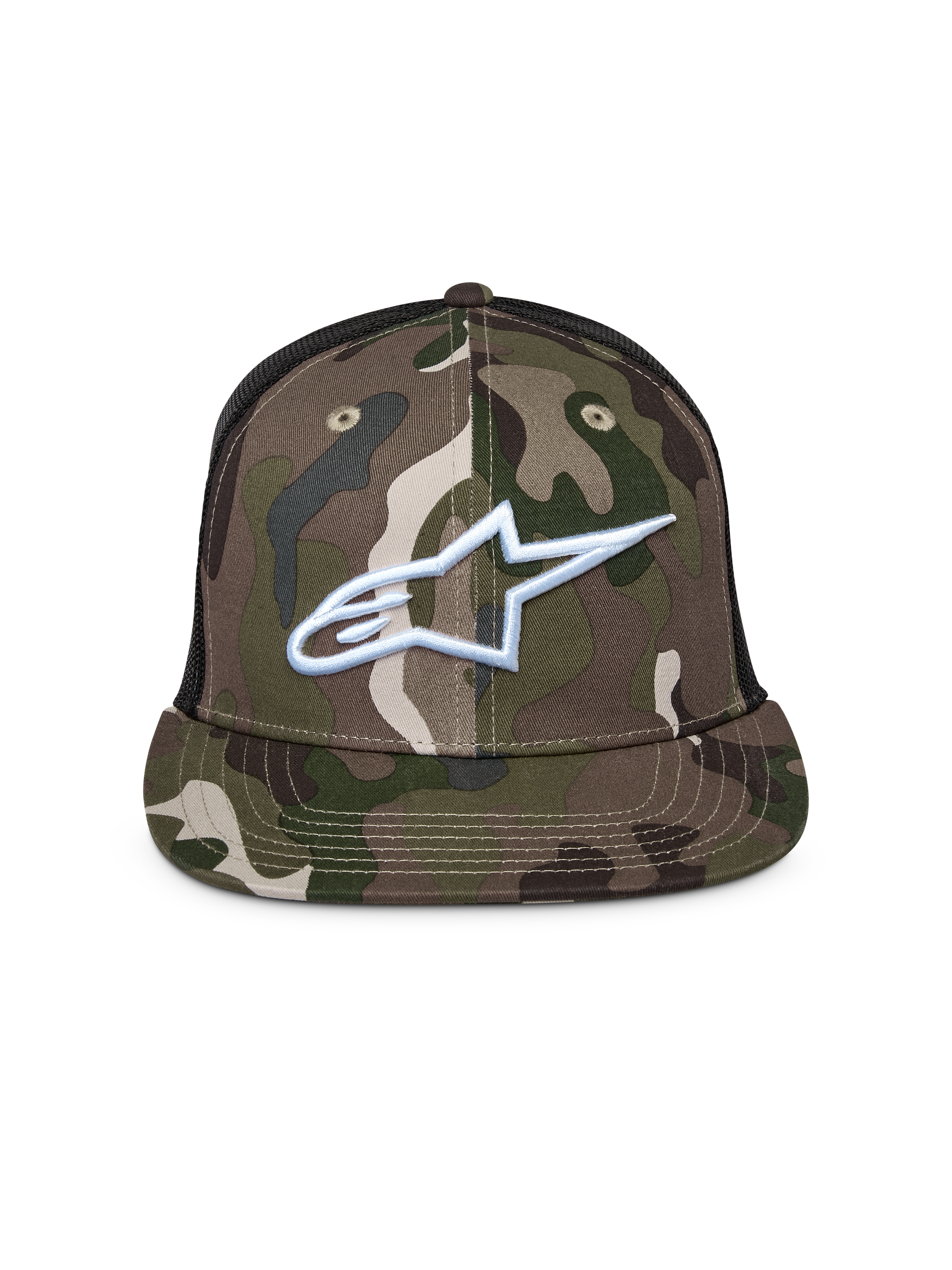 Alpinestars Corp Trucker pet, groene camouflage en zwart, truckerpet met platte klep en mesh achterkant, voorzien van een wit geborduurd Alpinestars-logo op de voorkant, casual motorsport streetwear