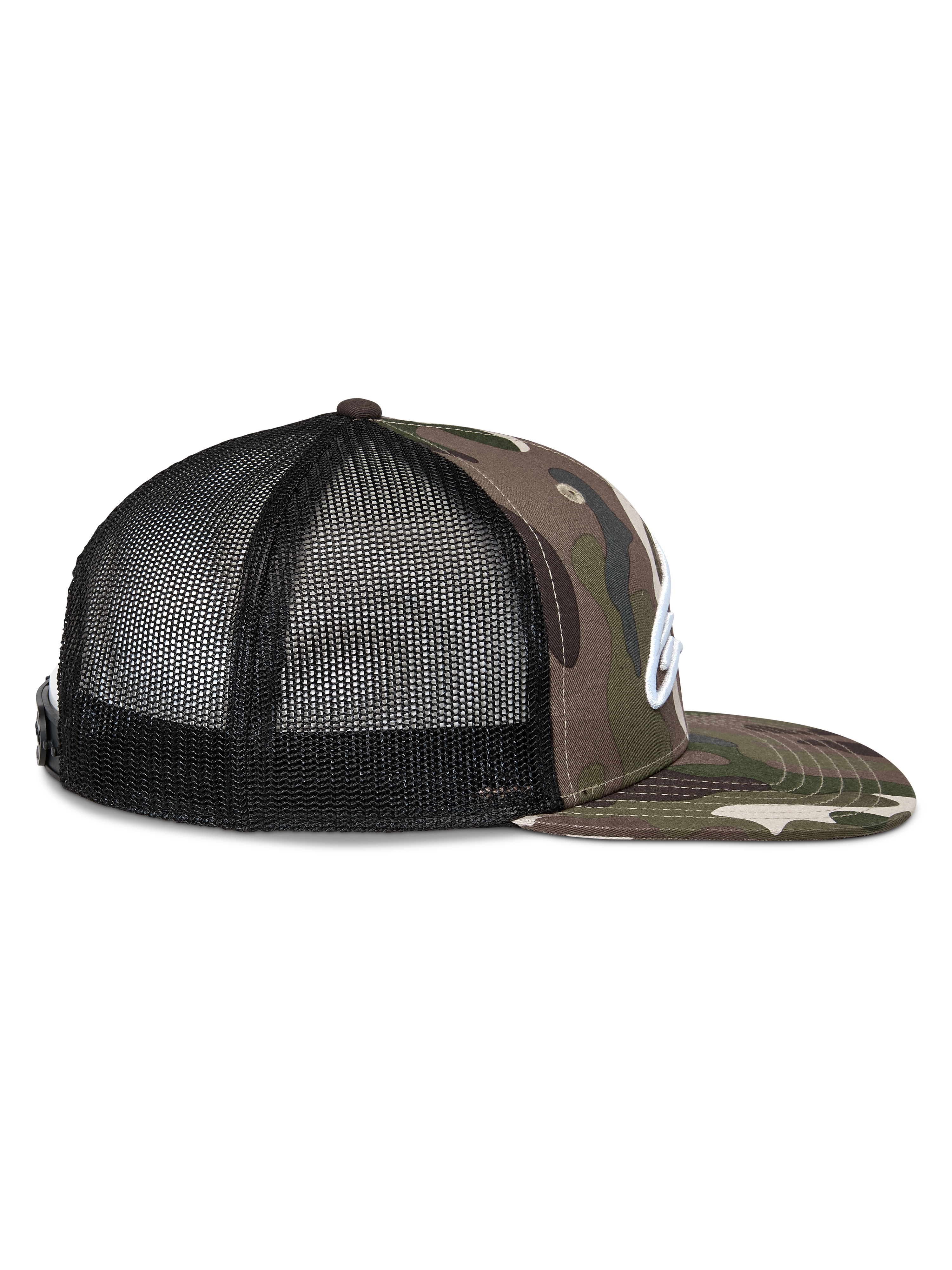 Alpinestars Corp Trucker pet, zijaanzicht, Green Camo en zwart, platte klep met camouflageprint, zwarte mesh achterpanelen, wit geborduurd logo, casual motorsport hoofdbedekking