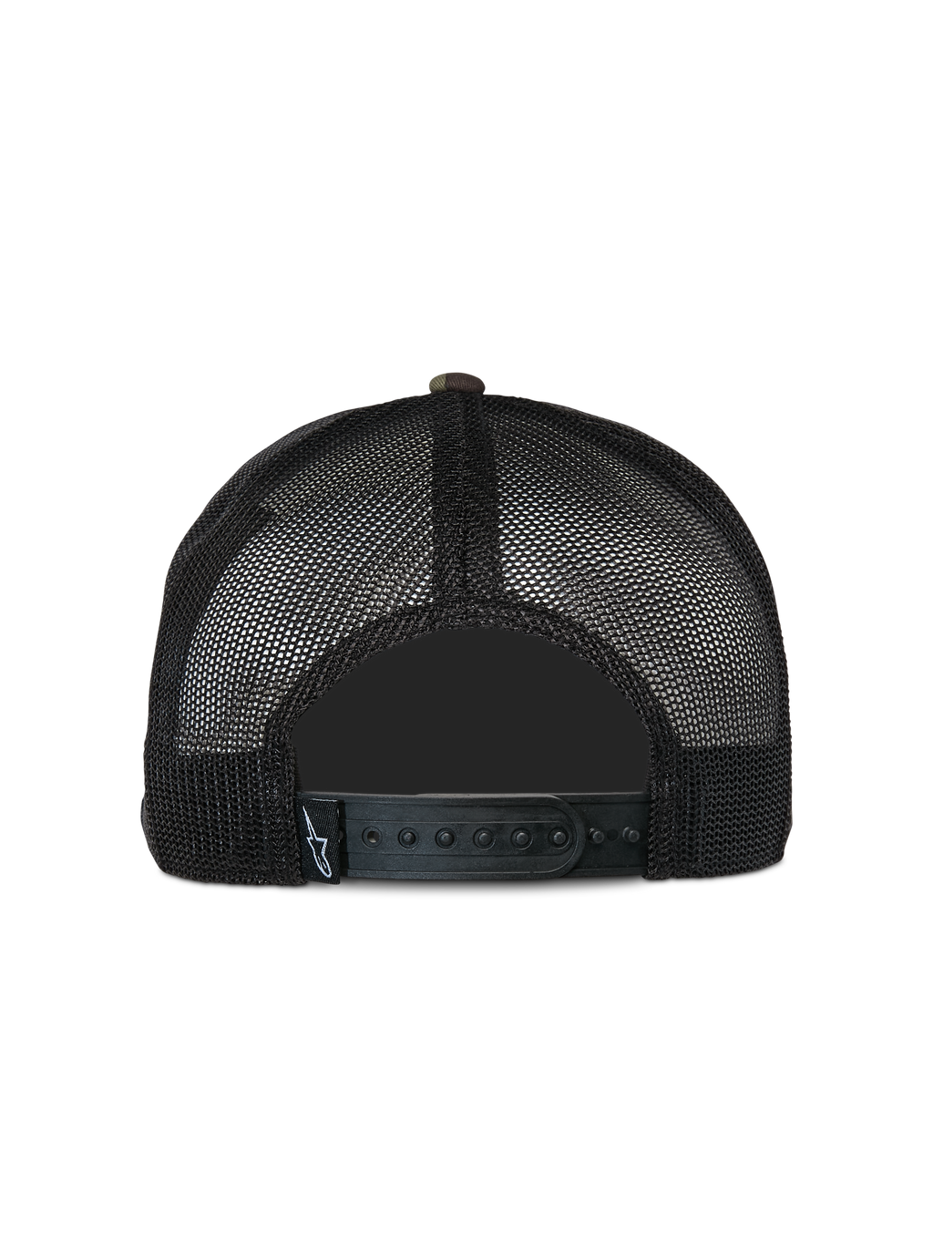 Alpinestars Corp Trucker pet, casual truckerpet, groen camouflage en zwart, achteraanzicht met zwarte mesh achterpanelen en verstelbare snapback-sluiting, klein geweven logo-label, klassiek op motorsport geïnspireerd ontwerp