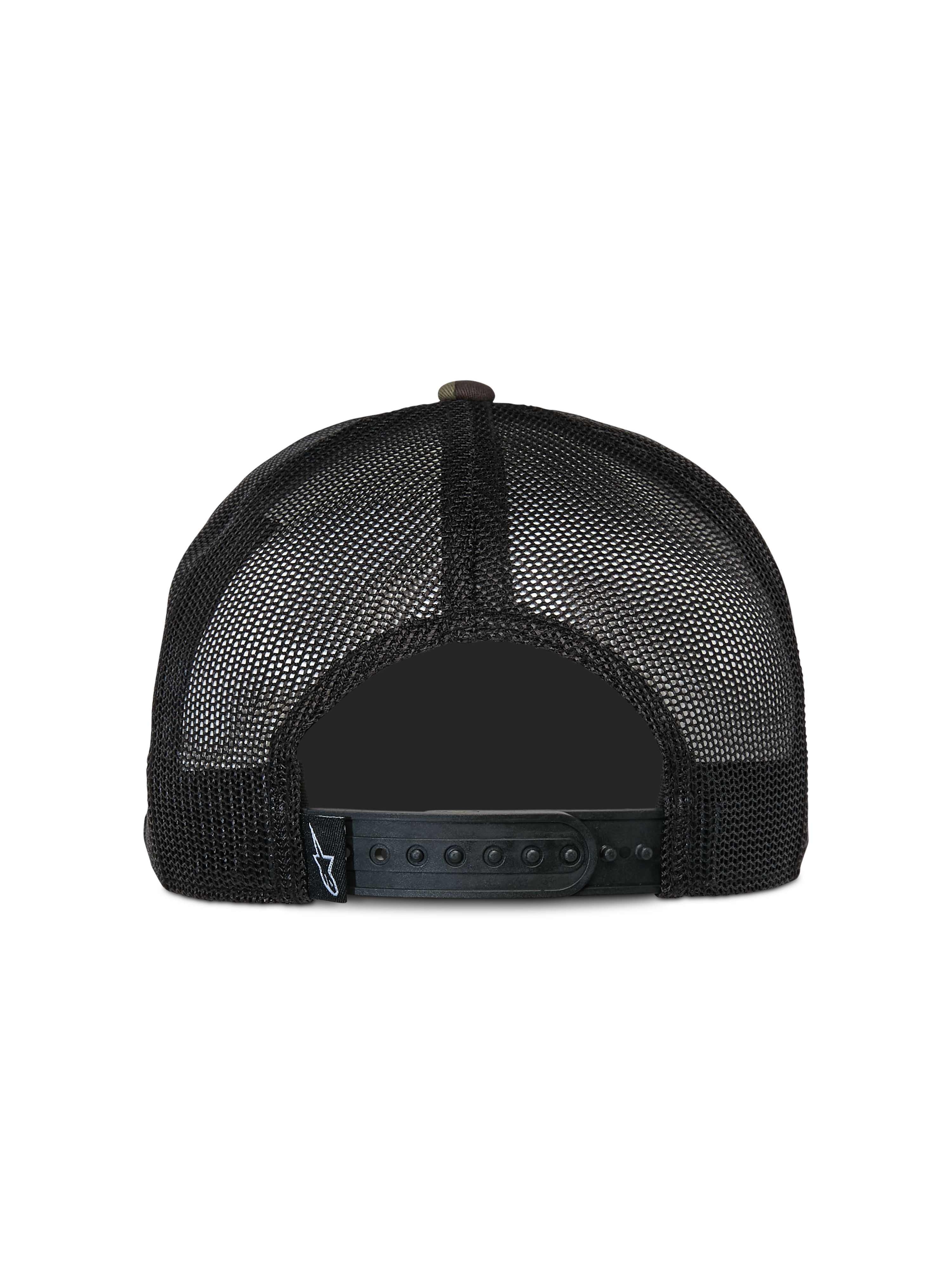 Alpinestars Corp Trucker pet, casual truckerpet, groen camouflage en zwart, achteraanzicht met zwarte mesh achterpanelen en verstelbare snapback-sluiting, klein geweven logo-label, klassiek op motorsport geïnspireerd ontwerp