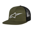 Alpinestars Corp Trucker pet, trucker pet met platte klep, militair groen en zwart, wit 3D geborduurd Alpinestars logo op de voorzijde, twill voorkant en mesh achterkant, casual motorsport hoofdbedekking
