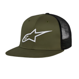 Alpinestars Corp Trucker pet, trucker pet met platte klep, militair groen en zwart, wit 3D geborduurd Alpinestars logo op de voorzijde, twill voorkant en mesh achterkant, casual motorsport hoofdbedekking