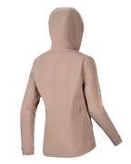 Alpinestars Stella A-Dura regenjas, dames regenjas voor MTB, lichtbruin, achteraanzicht met de capuchon en een strak silhouet, subtiel zwart logodetail op de onderrug, waterdichte 2,5-laags technische constructie voor MTB