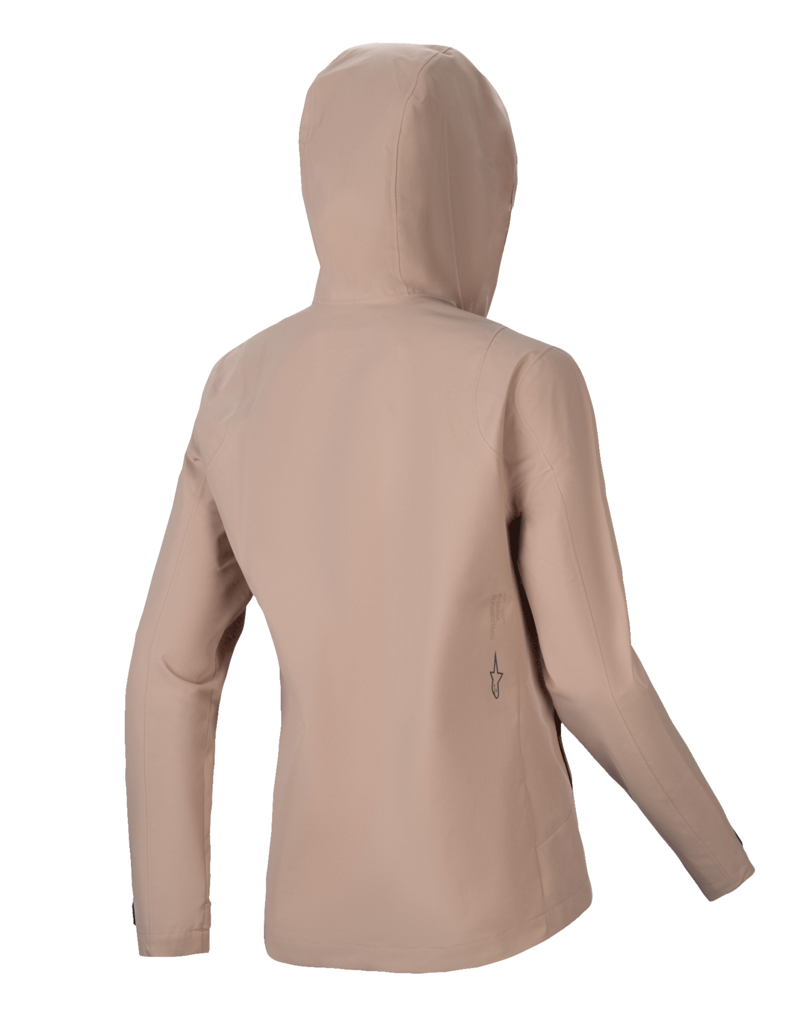 Alpinestars Stella A-Dura regenjas, dames regenjas voor MTB, lichtbruin, achteraanzicht met de capuchon en een strak silhouet, subtiel zwart logodetail op de onderrug, waterdichte 2,5-laags technische constructie voor MTB