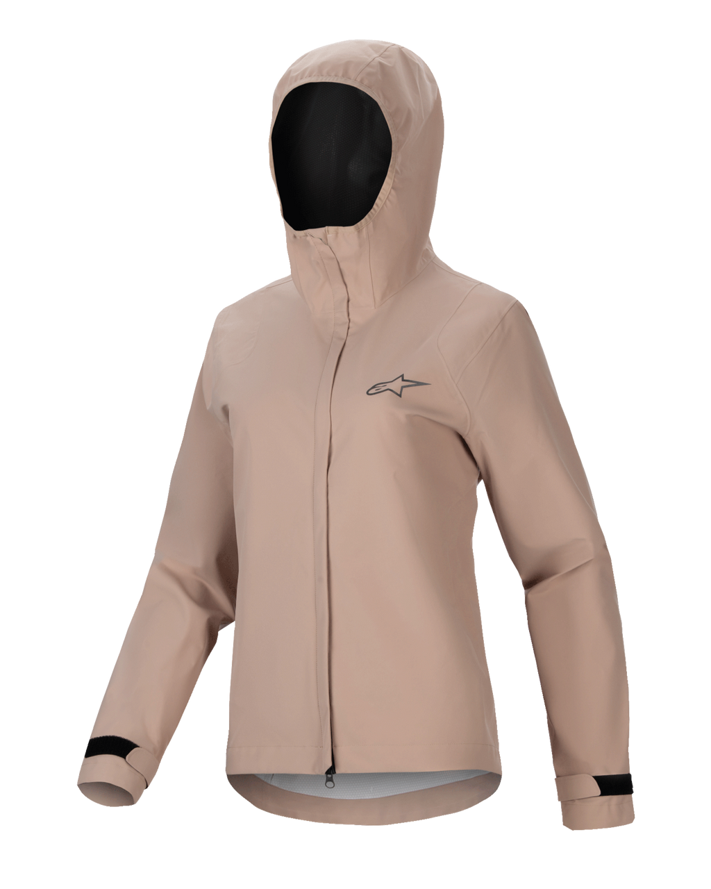 Alpinestars Stella A-Dura regenjas, dames MTB-regenjas, lichtbruin, ontwerp met capuchon, ritssluiting aan de voorzijde met stormflap, zwarte verstelbare klittenbandmanchetten, klein logo op de borst, waterdicht en ademend materiaal voor mountainbiken
