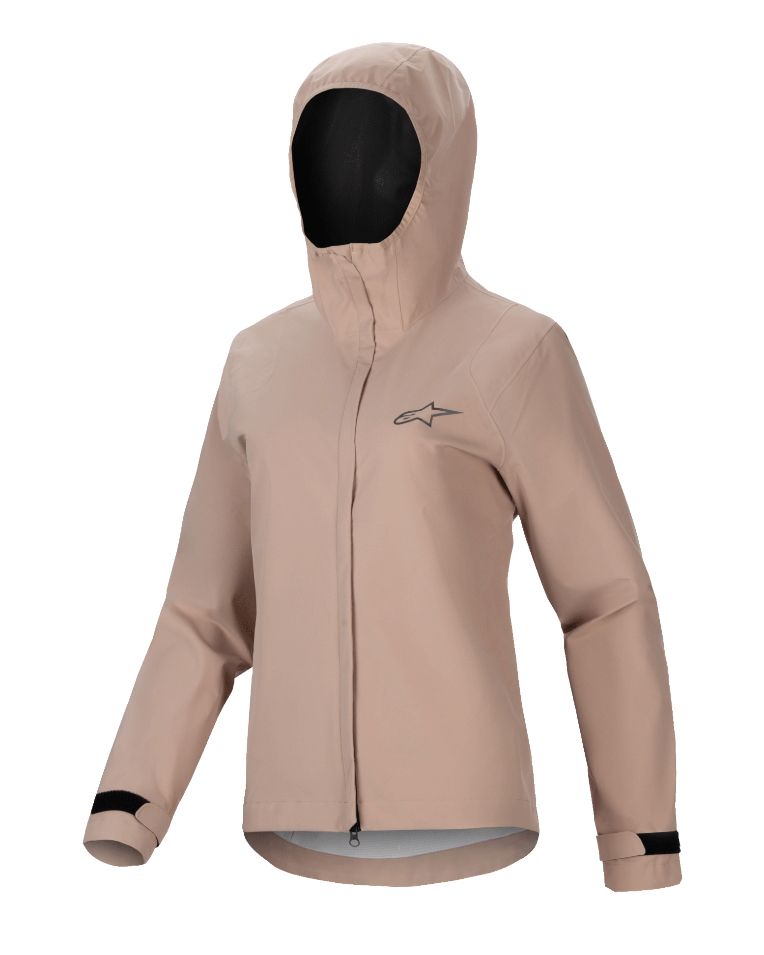 Alpinestars Stella A-Dura regenjas, dames MTB-regenjas, lichtbruin, ontwerp met capuchon, ritssluiting aan de voorzijde met stormflap, zwarte verstelbare klittenbandmanchetten, klein logo op de borst, waterdicht en ademend materiaal voor mountainbiken