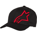 Alpinestars Corp Shift 2 baseballcap met gebogen klep, zwart met een groot rood plat geborduurd sterlogo op het linker voorpaneel, Flexfit gebogen klep, zes-paneels constructie, casual motorsport-geïnspireerde pet