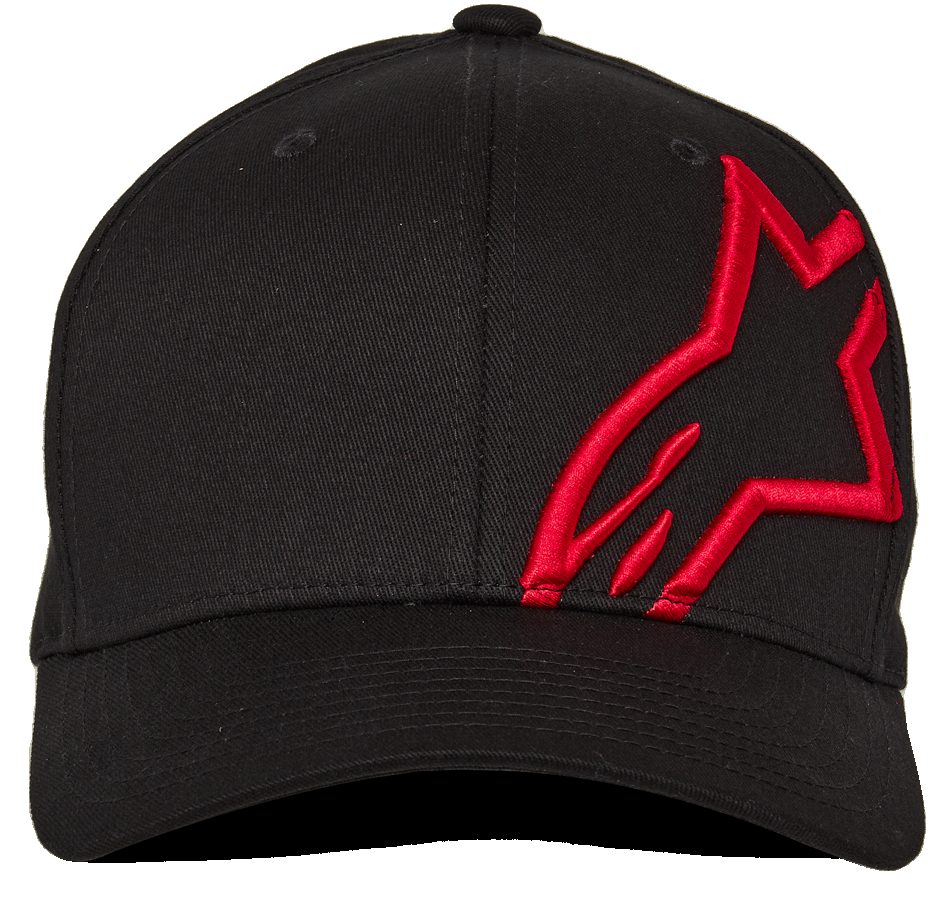 Alpinestars Corp Shift 2 Curved Brim, baseballcap, zwart met rood borduurwerk, plat Astars-logo op het linker voorpaneel, casual motorsport hoofdbedekking