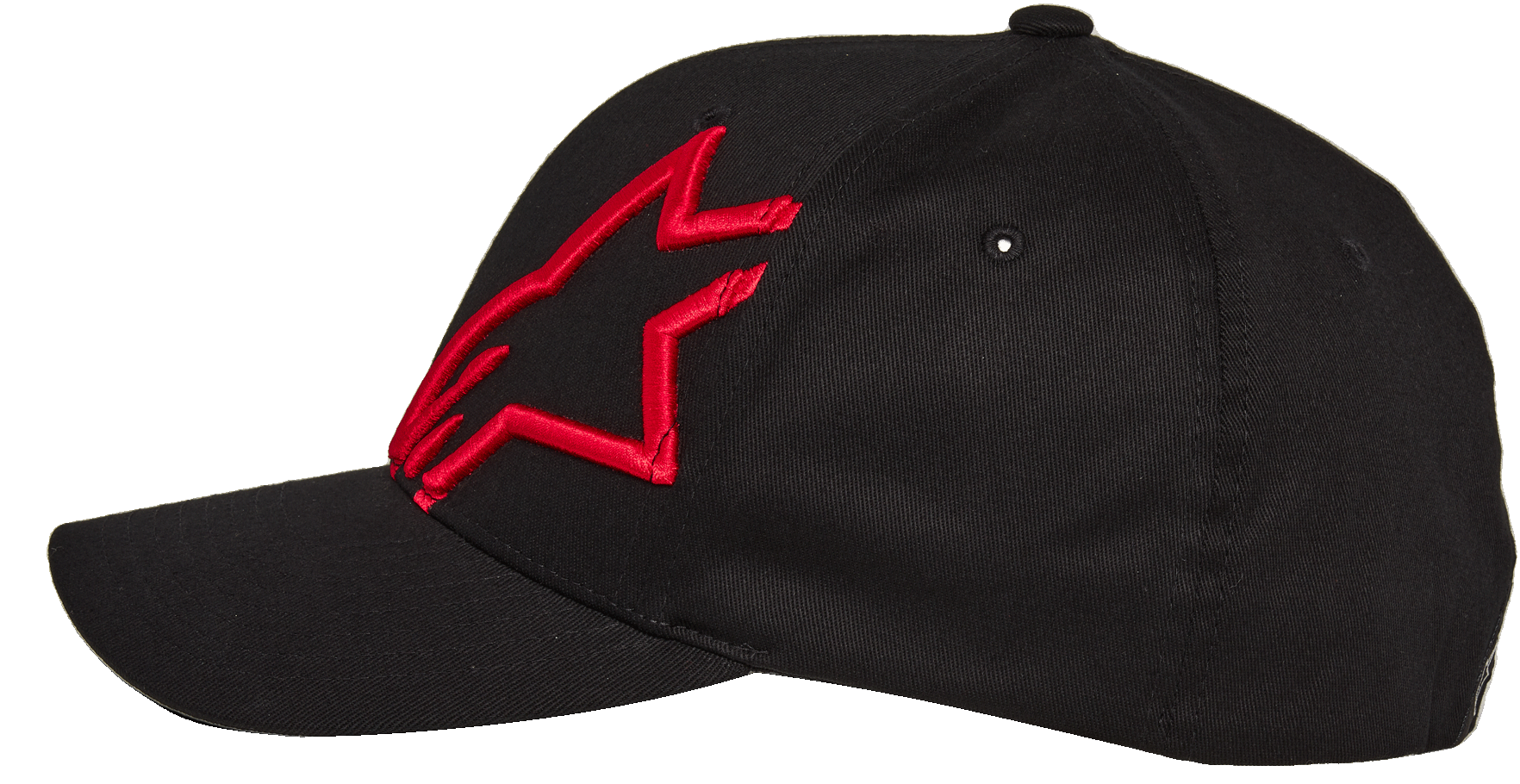 Alpinestars Corp Shift 2 pet met gebogen klep, zwart met rood geborduurd sterlogo, zijprofiel, Flexfit baseballcap, casual motorsport sportkleding
