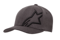 Alpinestars Corp Shift 2 pet met gebogen klep, donkergrijs gemêleerde en zwarte baseballcap, voorzien van een groot zwart geborduurd sterlogo op het linker voorpaneel, getextureerde stof met ventilatieopeningen, casual motorsport-geïnspireerde hoofdbedekking