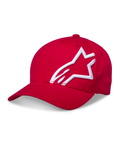 Alpinestars Corp Shift 2 Curved Brim pet, rood, met een groot wit 3D-geborduurd logo aan de zijkant, gestructureerde kroon en gebogen klep, casual motorsport-hoofddeksel