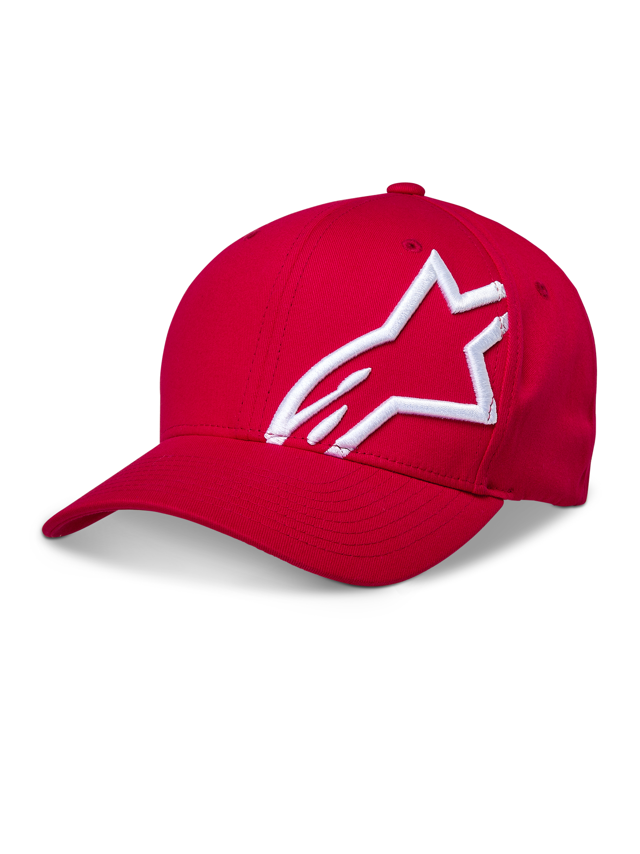 Alpinestars Corp Shift 2 Curved Brim pet, rood, met een groot wit 3D-geborduurd logo aan de zijkant, gestructureerde kroon en gebogen klep, casual motorsport-hoofddeksel