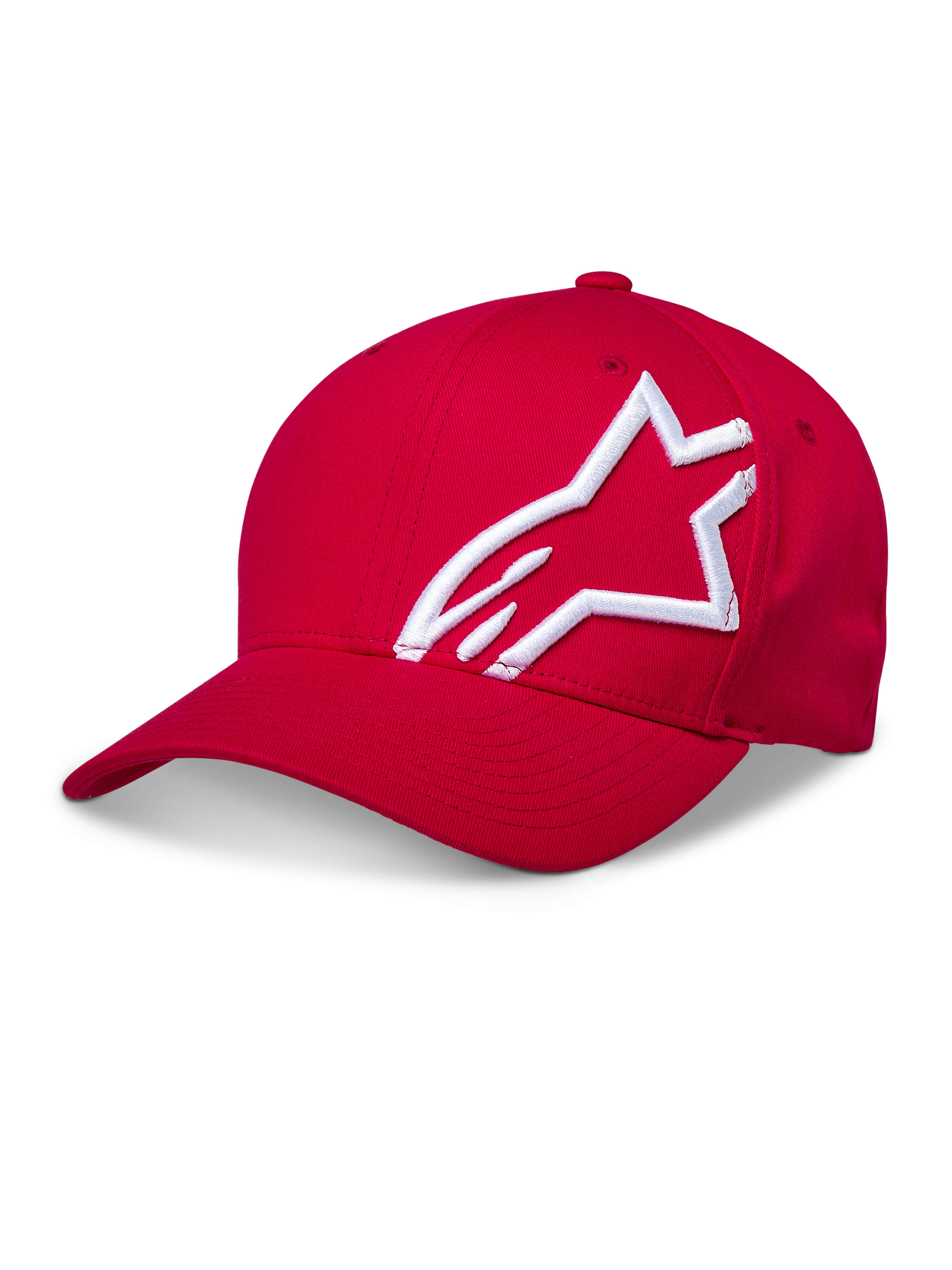 Alpinestars Corp Shift 2 Curved Brim pet, rood, met een groot wit 3D-geborduurd logo aan de zijkant, gestructureerde kroon en gebogen klep, casual motorsport-hoofddeksel