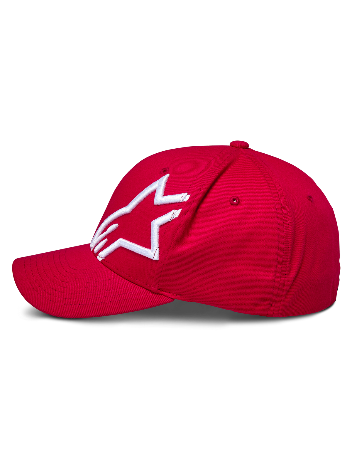Alpinestars Corp Shift 2 pet met gebogen klep, rood, met een wit 3D geborduurd Alpinestars-logo op het linkerpaneel, zijaanzicht, gestructureerde kroon met gebogen klep, casual motorsport-geïnspireerde hoofdbedekking