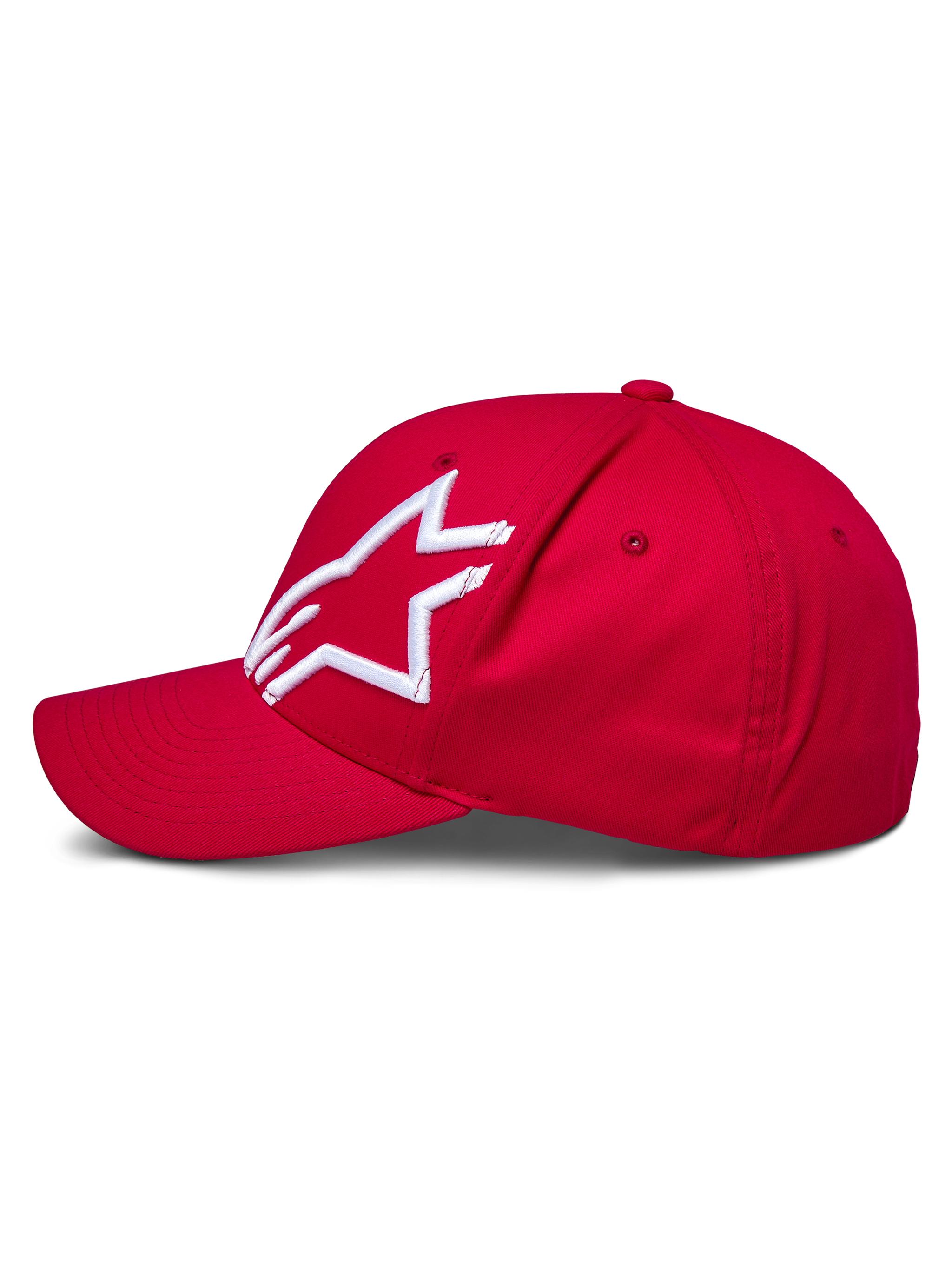 Alpinestars Corp Shift 2 pet met gebogen klep, rood, met een wit 3D geborduurd Alpinestars-logo op het linkerpaneel, zijaanzicht, gestructureerde kroon met gebogen klep, casual motorsport-geïnspireerde hoofdbedekking