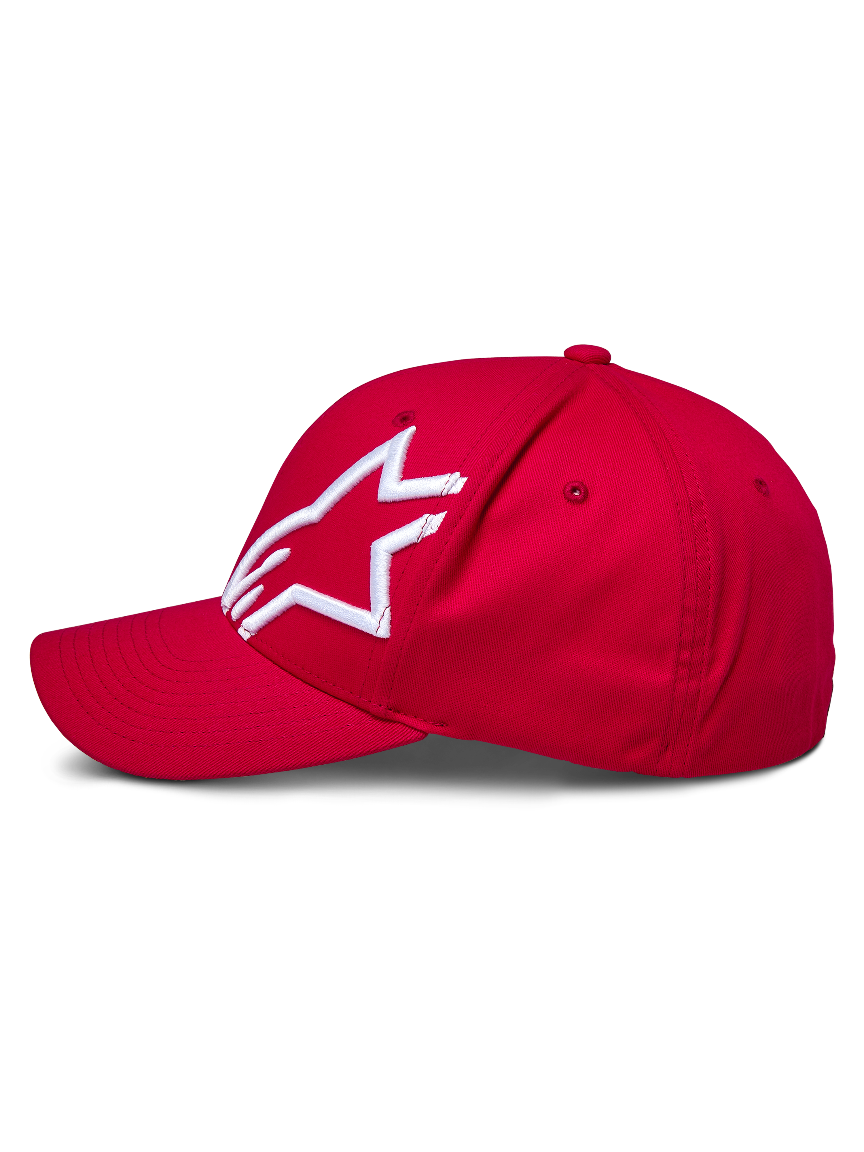 Alpinestars Corp Shift 2 pet met gebogen klep, rood, met een wit 3D geborduurd Alpinestars-logo op het linkerpaneel, zijaanzicht, gestructureerde kroon met gebogen klep, casual motorsport-geïnspireerde hoofdbedekking