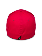 Alpinestars Corp Shift 2 Curved Brim, rood, achteraanzicht met flexibele achterkant en klein zwart Alpinestars logo-label, gestructureerde kroon van rode stretch keperstof, casual motorsport pet