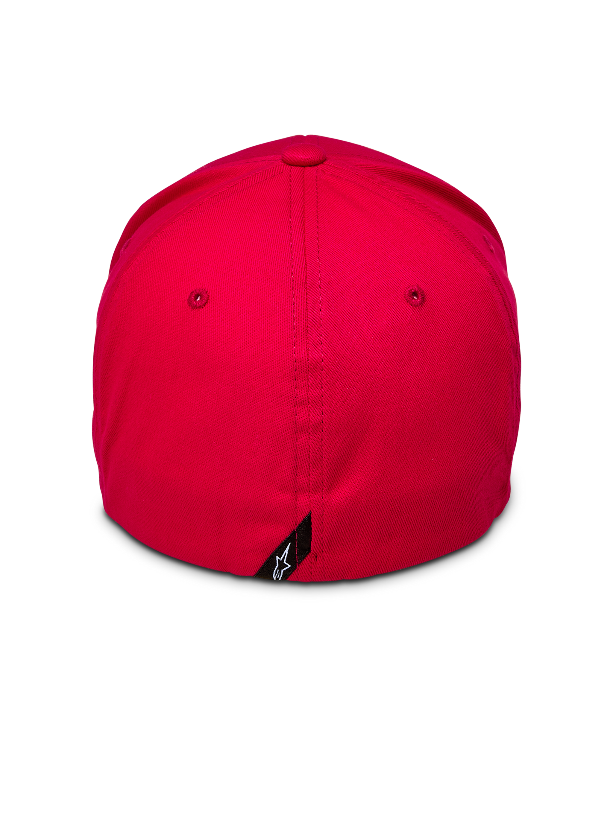 Alpinestars Corp Shift 2 Curved Brim, rood, achteraanzicht met flexibele achterkant en klein zwart Alpinestars logo-label, gestructureerde kroon van rode stretch keperstof, casual motorsport pet