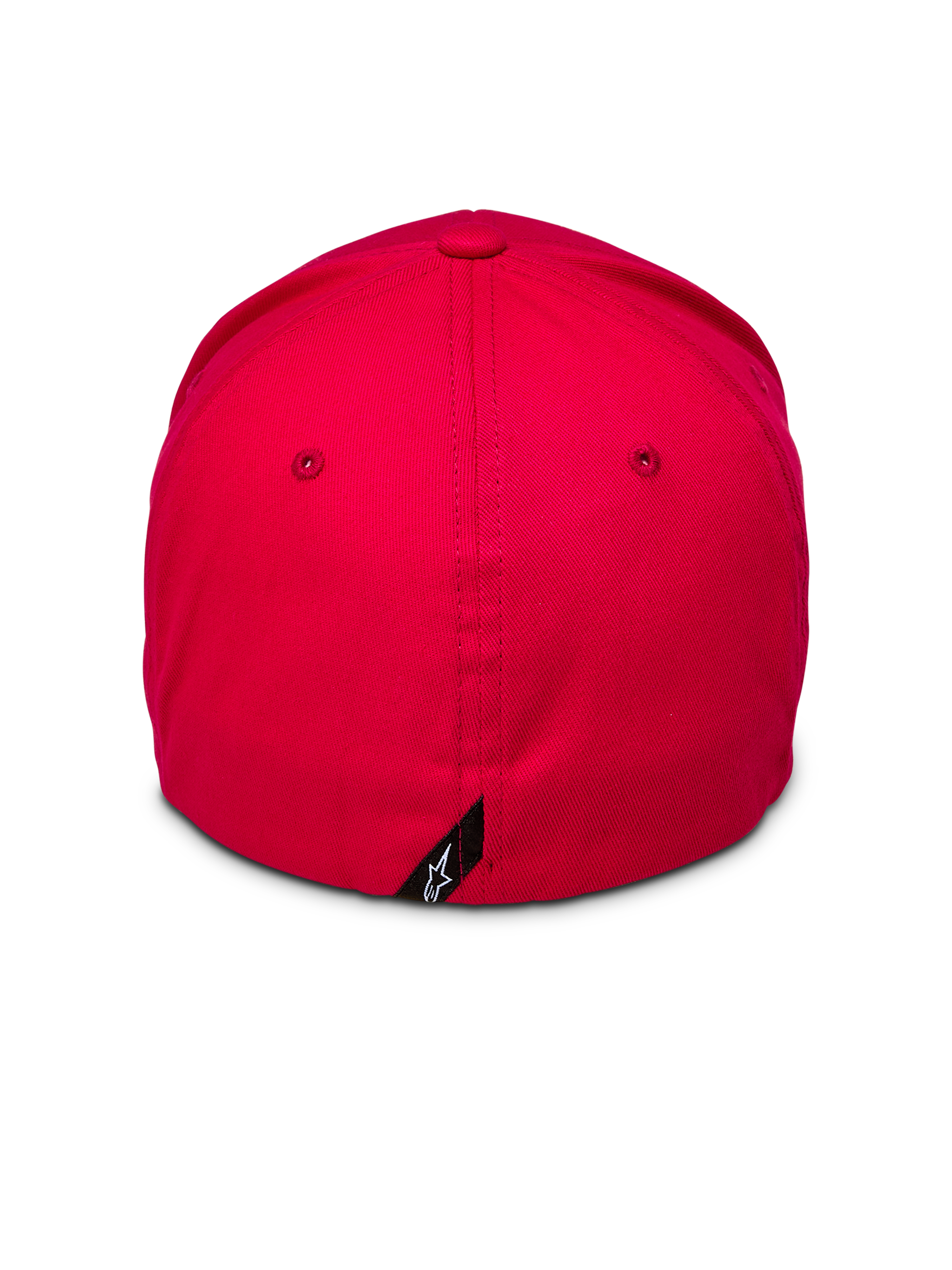 Alpinestars Corp Shift 2 Curved Brim, rood, achteraanzicht met flexibele achterkant en klein zwart Alpinestars logo-label, gestructureerde kroon van rode stretch keperstof, casual motorsport pet