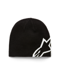 Alpinestars Corp Shift muts, zwarte gebreide beanie, groot wit jacquard Alpinestars-logo, trui-gebreide jersey steekconstructie, casual motorsport-geïnspireerde hoofdbedekking