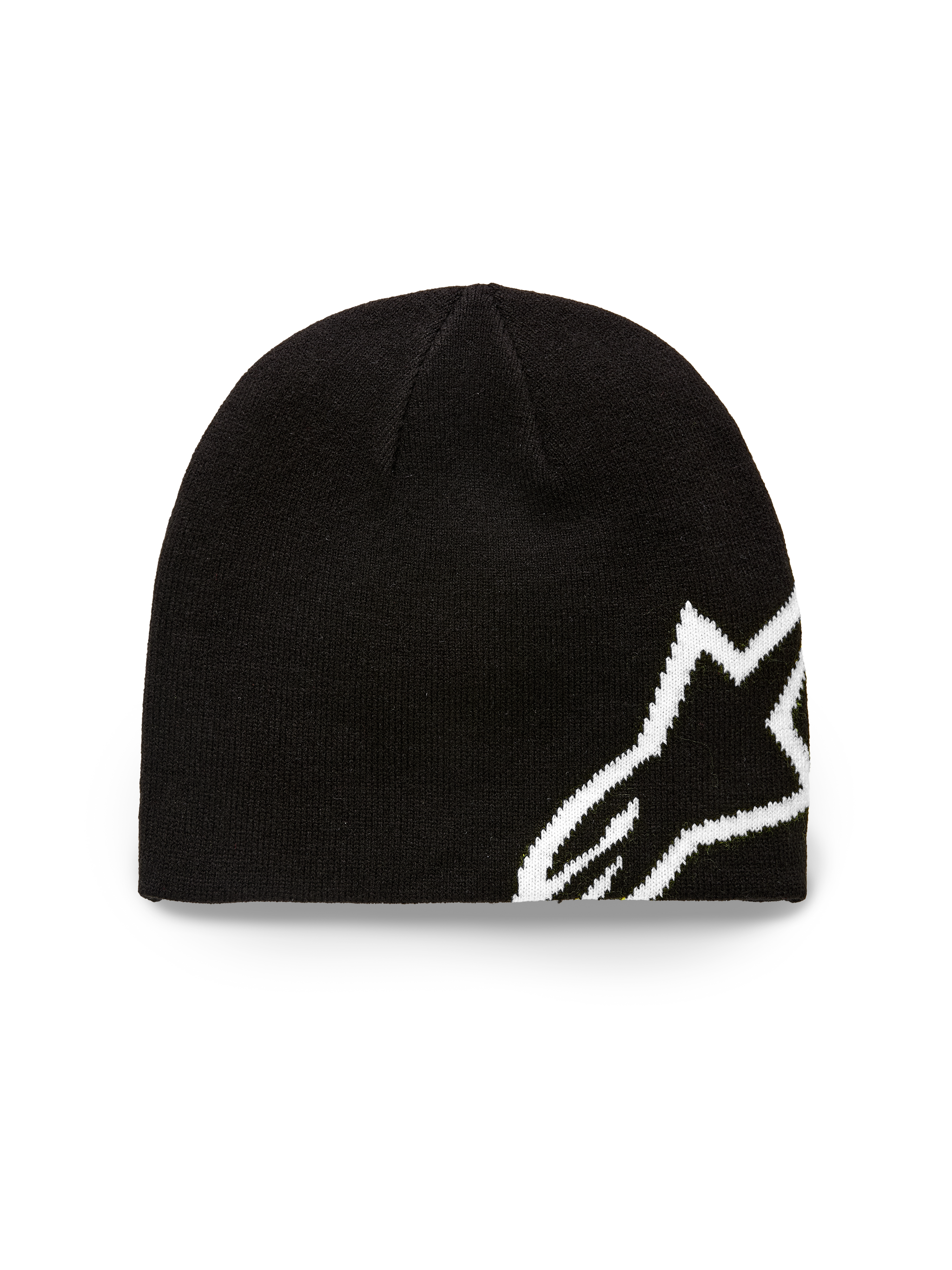 Alpinestars Corp Shift Beanie, Black Knit Hat, large white jacquard Alpinestars logo, sweater knit jersey stitch construction, casual motorsport-inspired headwear