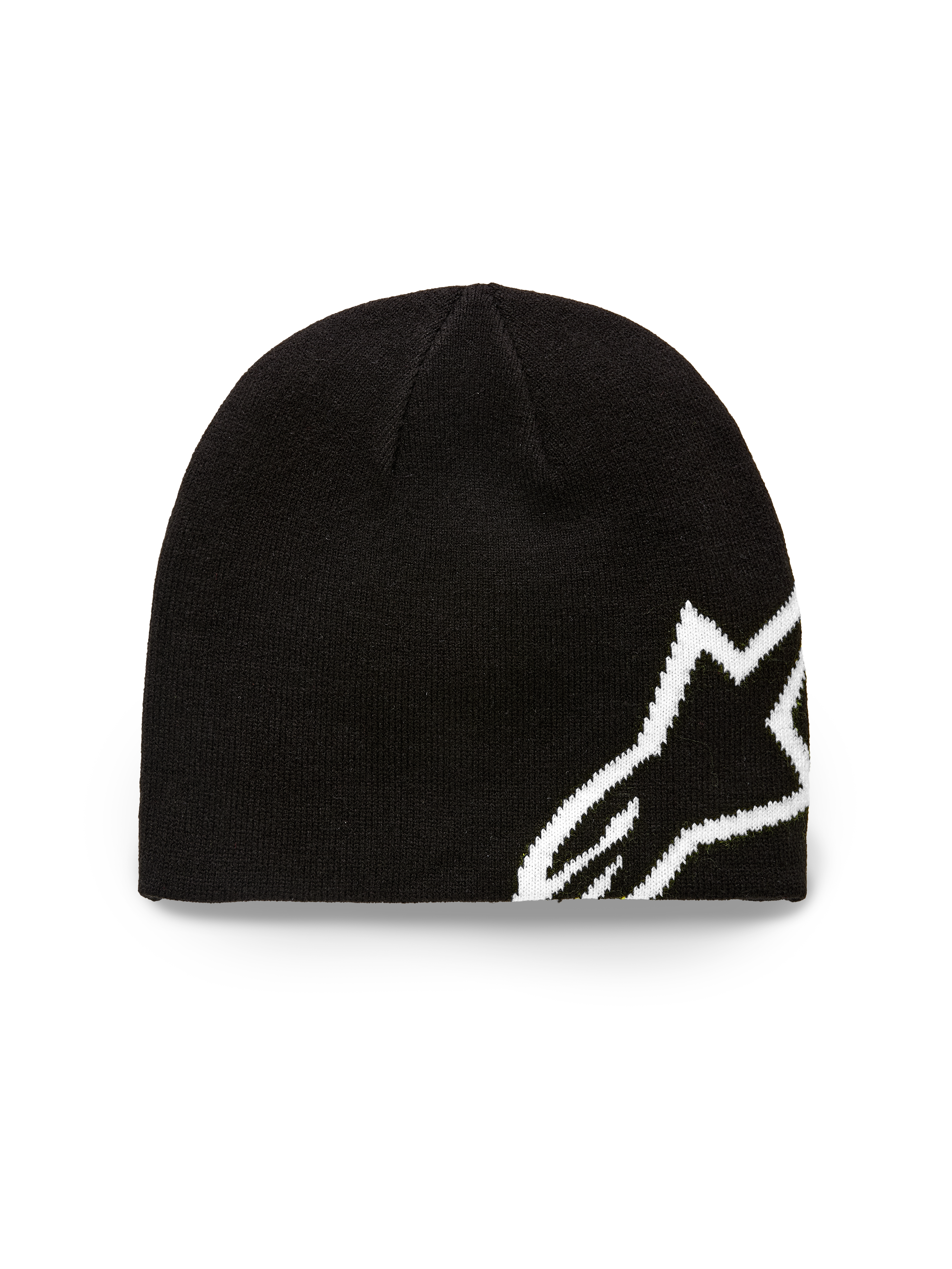 Alpinestars Corp Shift muts, zwarte gebreide beanie, groot wit jacquard Alpinestars-logo, trui-gebreide jersey steekconstructie, casual motorsport-geïnspireerde hoofdbedekking