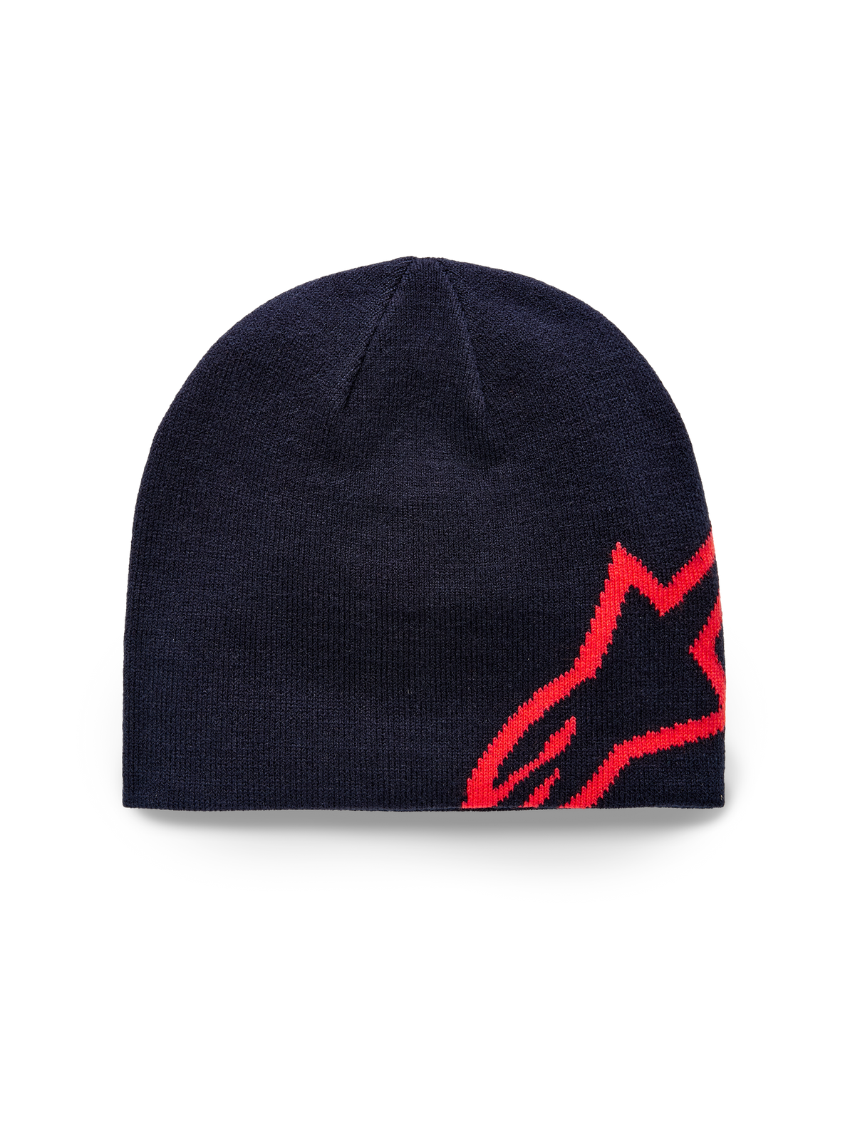 Alpinestars Corp Shift Beanie, gebreide muts, marineblauw en felrood, voorzien van een groot rood jacquard ster-logo aan de zijkant, gebreide jersey steekconstructie, casual sportkledingaccessoire