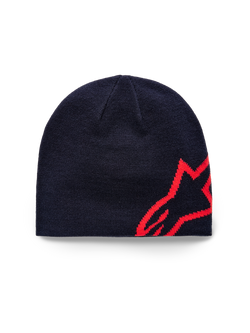 Alpinestars Corp Shift Beanie, gebreide muts, marineblauw en felrood, voorzien van een groot rood jacquard ster-logo aan de zijkant, gebreide jersey steekconstructie, casual sportkledingaccessoire