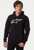 Alpinestars Ageless Zip V3 Hoodie, hoodie met ritssluiting aan de voorzijde, zwart en wit, voorzien van een groot wit Alpinestars-logo op de borst, capuchon met trekkoord en een volledige ritssluiting, casual lifestyle streetwear