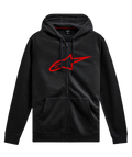 Alpinestars Ageless Zip V3 Hoodie, casual motorsport streetwear, zwart met rood Astars-logo, volledige ritssluiting, capuchon met trekkoord, lange mouwen, geribbelde manchetten en zoom