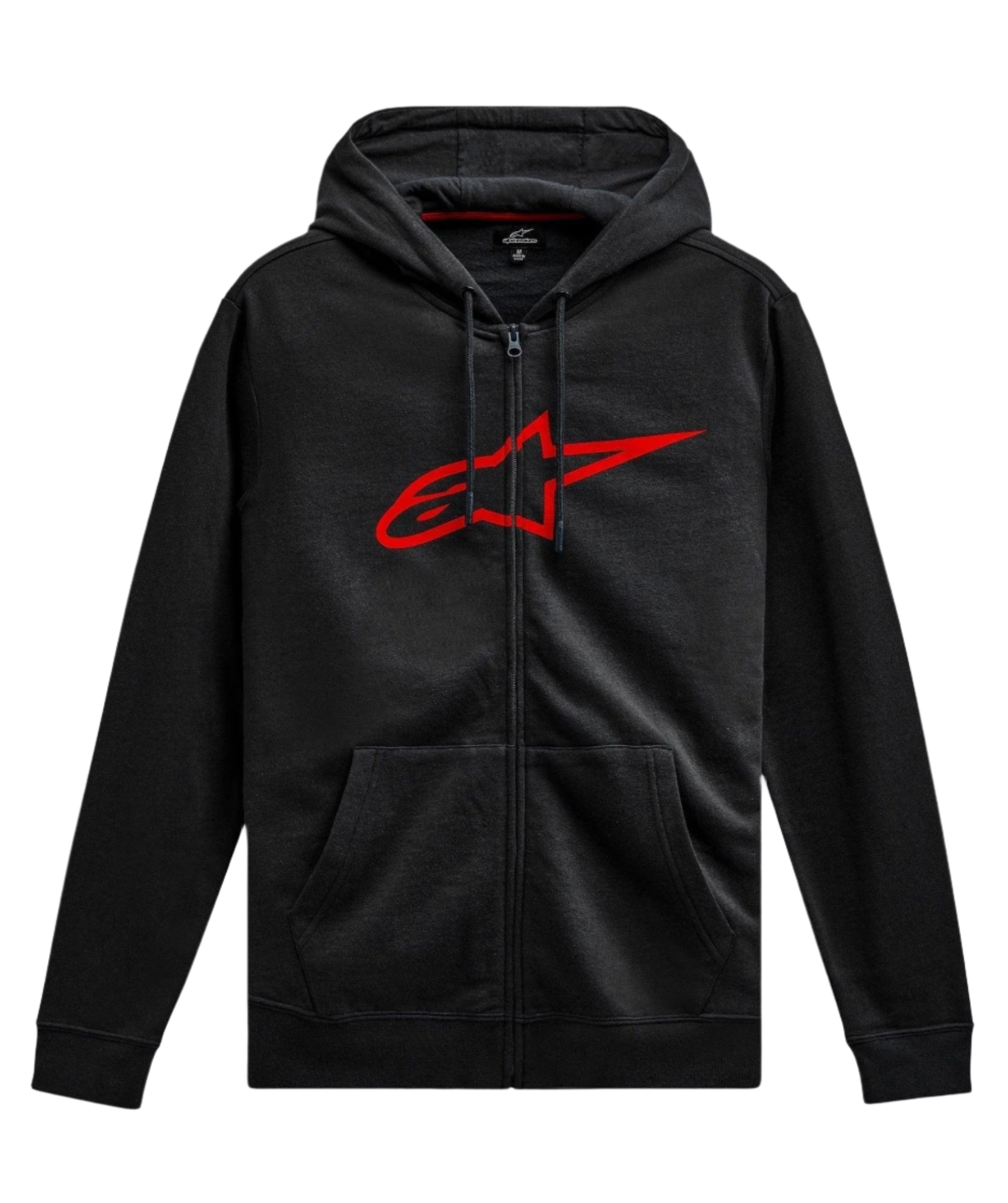 Alpinestars Ageless Zip V3 Hoodie, casual motorsport streetwear, zwart met rood Astars-logo, volledige ritssluiting, capuchon met trekkoord, lange mouwen, geribbelde manchetten en zoom