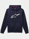 Alpinestars Ageless Zip V3 Hoodie, donkerblauwe fleece hoodie met volledige ritssluiting en een groot wit Alpinestars-logo op de borst, capuchon met trekkoord, zakken aan de voorkant, casual motorsport-geïnspireerde streetwear