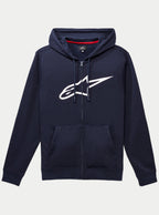 Alpinestars Ageless Zip V3 Hoodie, donkerblauwe fleece hoodie met volledige ritssluiting en een groot wit Alpinestars-logo op de borst, capuchon met trekkoord, zakken aan de voorkant, casual motorsport-geïnspireerde streetwear