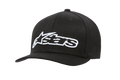 Alpinestars Blaze Flexfit pet, zwarte baseballcap met wit 3D geborduurd logo, gebogen klep, gestructureerde kroon met zes panelen en ventilatie-oogjes, casual motorsport-hoofdbedekking