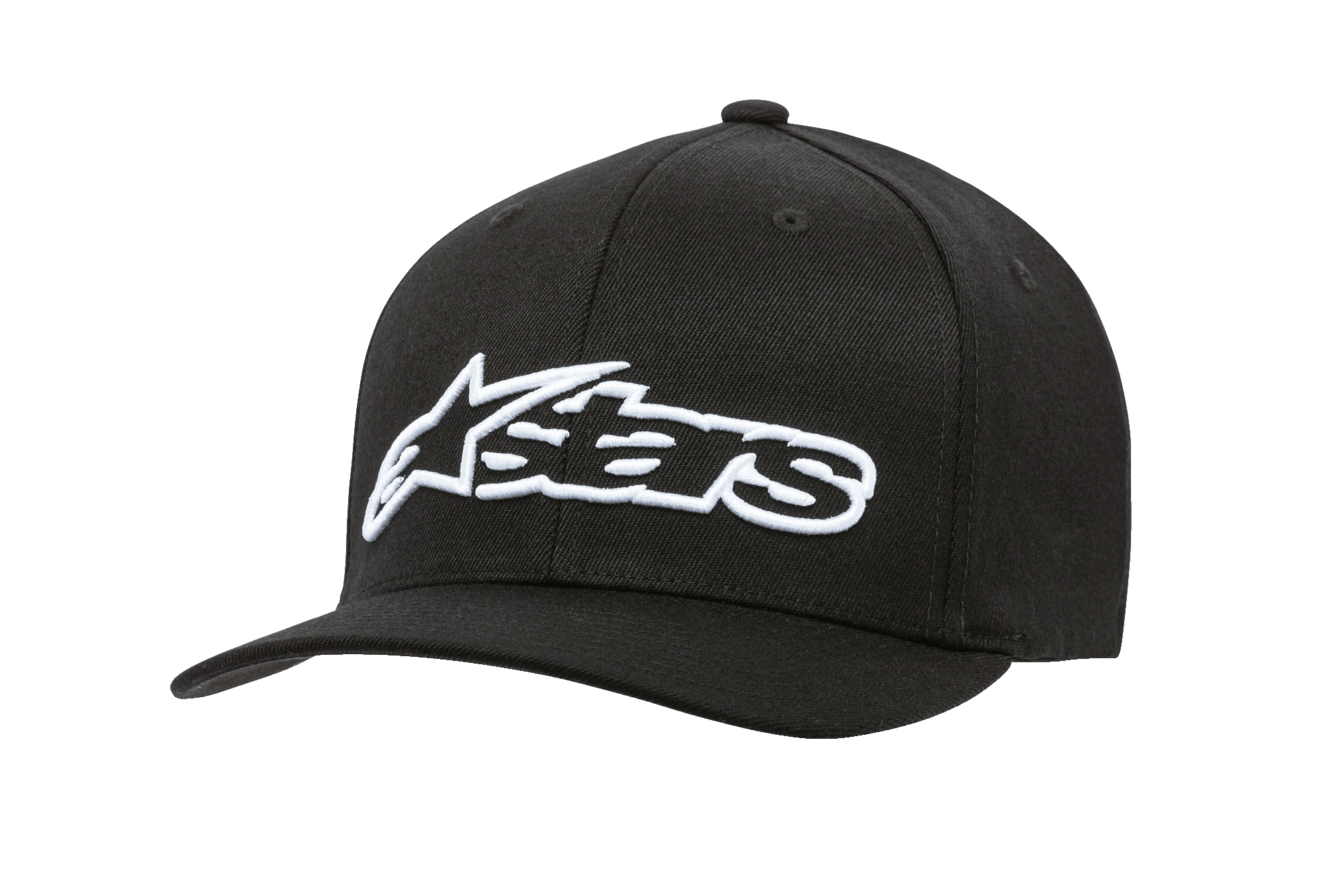 Alpinestars Blaze Flexfit pet, zwarte baseballcap met wit 3D geborduurd logo, gebogen klep, gestructureerde kroon met zes panelen en ventilatie-oogjes, casual motorsport-hoofdbedekking