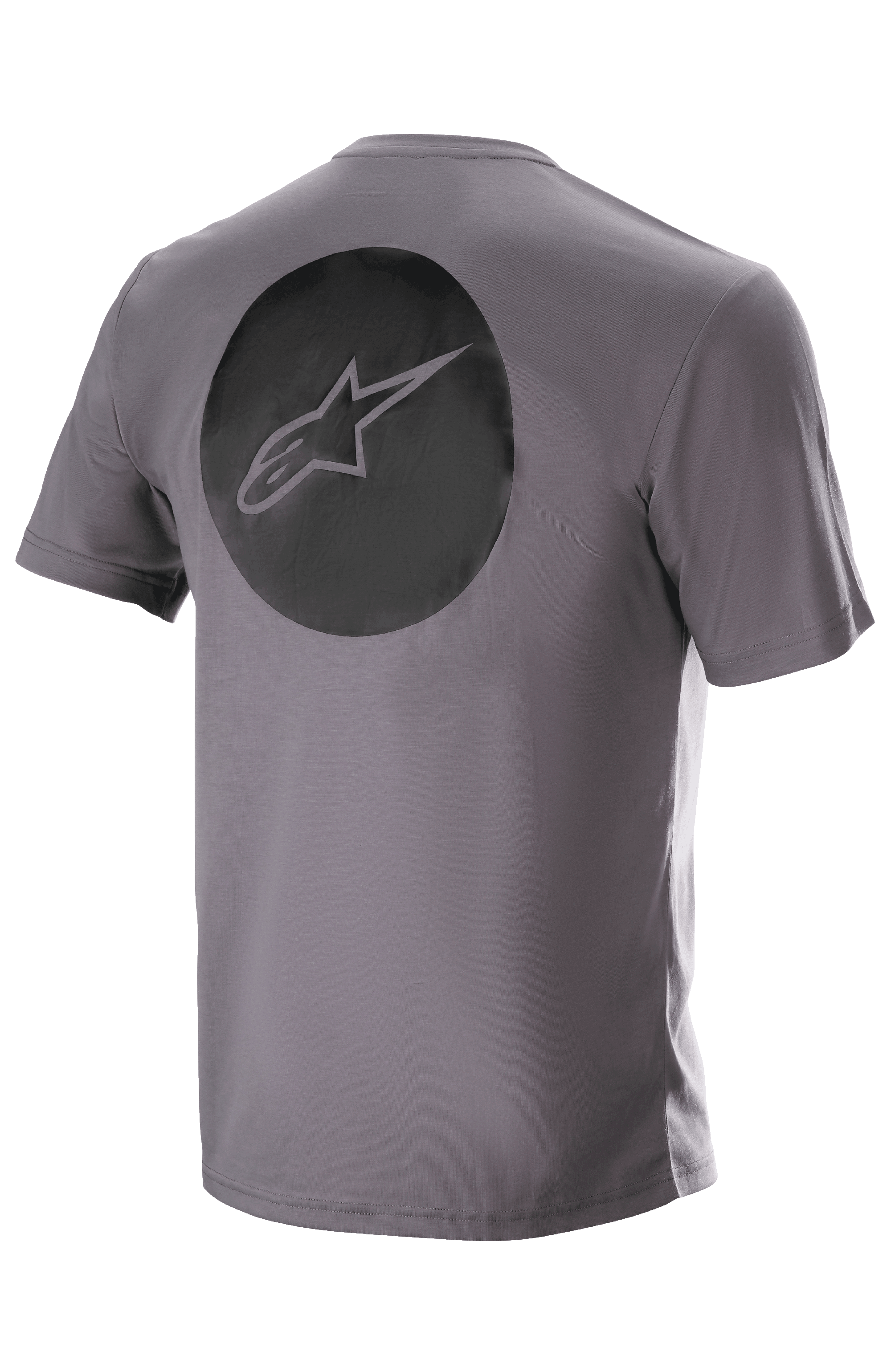 Alpinestars Dot Tech Tee, korte mouwen, Sparrow Gray, achteraanzicht met een grote zwarte cirkelvormige graphic met het Alpinestars ster-logo, technische vochtafvoerende MTB-kleding