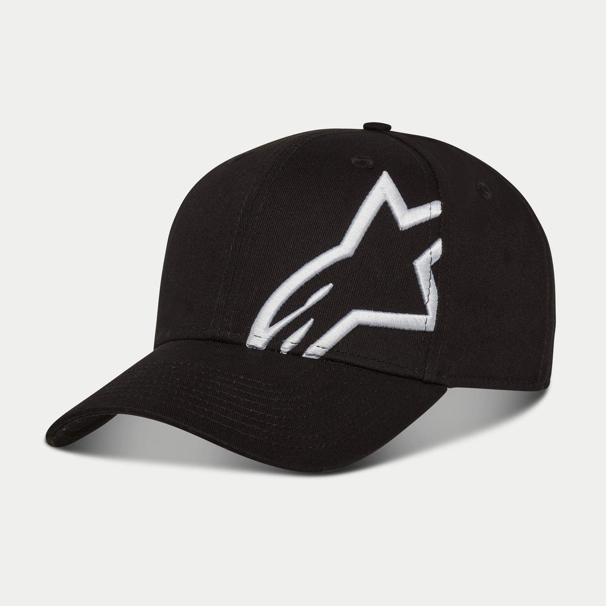 Alpinestars Corp Snap 2 pet, zwart en wit, voorzien van een gebogen klep en gestructureerde kroon, groot wit 3D geborduurd Alpinestars-logo op het linkerpaneel, klassiek snapback-ontwerp