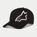 Alpinestars Corp Snap 2 pet, zwart en wit, voorzien van een gebogen klep en gestructureerde kroon, groot wit 3D geborduurd Alpinestars-logo op het linkerpaneel, klassiek snapback-ontwerp