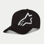 Alpinestars Corp Snap 2 pet, zwart en wit, voorzien van een gebogen klep en gestructureerde kroon, groot wit 3D geborduurd Alpinestars-logo op het linkerpaneel, klassiek snapback-ontwerp