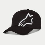 Alpinestars Corp Snap 2 pet, zwart en wit, voorzien van een gebogen klep en gestructureerde kroon, groot wit 3D geborduurd Alpinestars-logo op het linkerpaneel, klassiek snapback-ontwerp