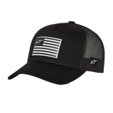 Alpinestars Flag Snapback pet, zwart, met bedrukte vlagpatch en Astars-logo op de voorkant, gebogen klep, gestructureerde kroon, ademende mesh achterzijde, casual motorsport-geïnspireerde hoofdbedekking
