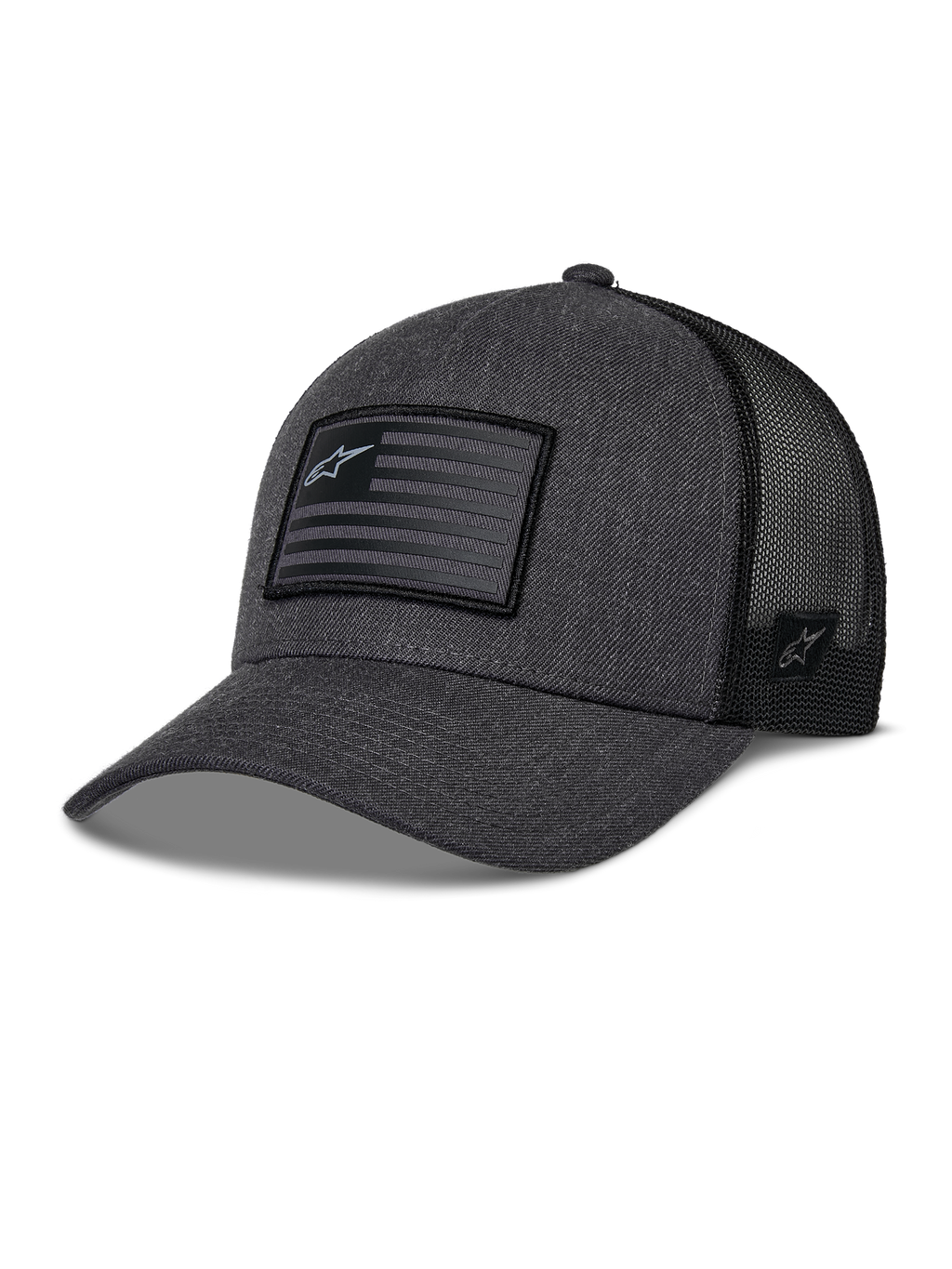 Alpinestars Flag Snapback pet, donkergrijs gemêleerd en zwart, trucker-stijl honkbalpet, rechthoekige vlag-patch met ster-logo, gebogen klep en ademende mesh achterkant