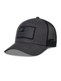 Alpinestars Flag Snapback pet, donkergrijs gemêleerd en zwart, trucker-stijl honkbalpet, rechthoekige vlag-patch met ster-logo, gebogen klep en ademende mesh achterkant