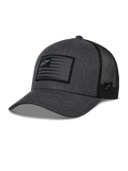 Alpinestars Flag Snapback pet, donkergrijs gemêleerd en zwart, trucker-stijl honkbalpet, rechthoekige vlag-patch met ster-logo, gebogen klep en ademende mesh achterkant