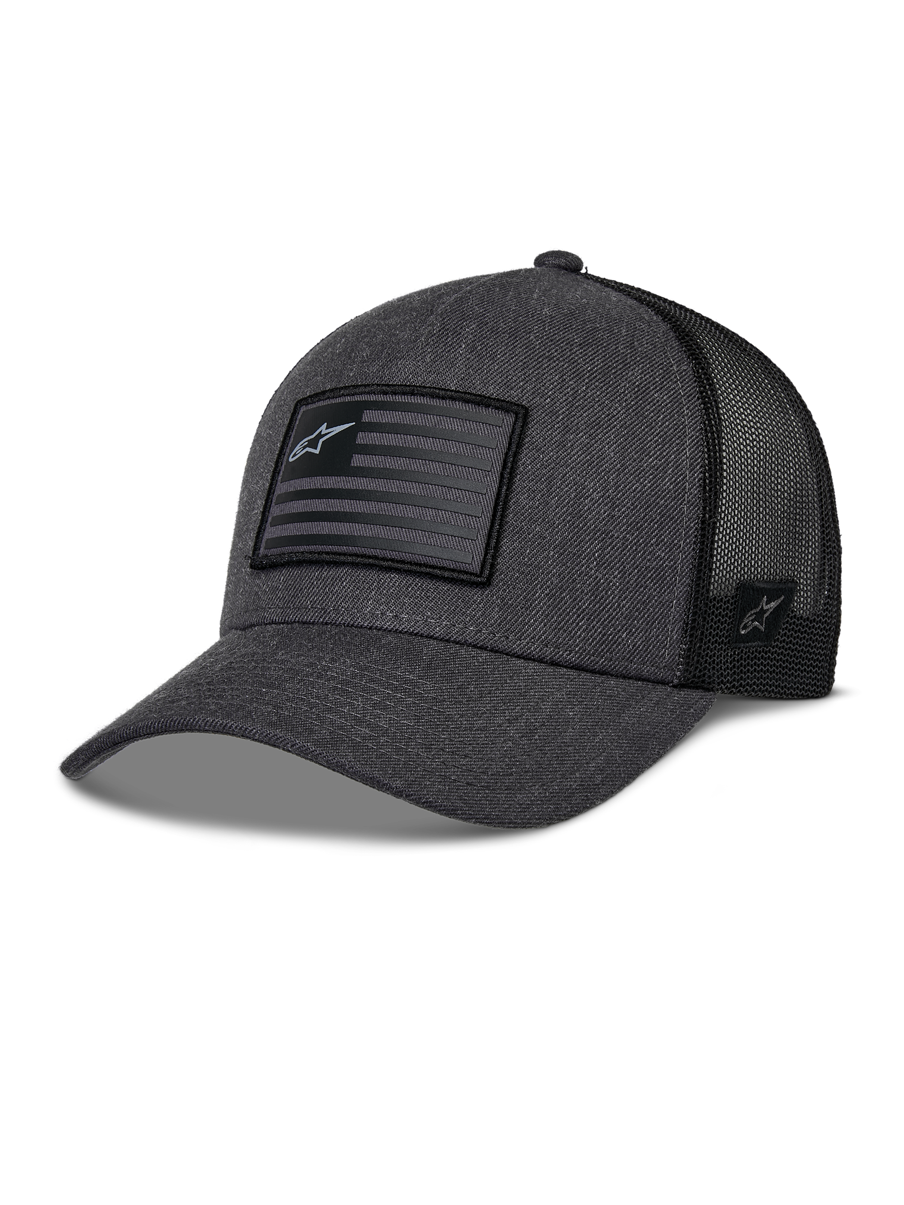 Alpinestars Flag Snapback pet, donkergrijs gemêleerd en zwart, trucker-stijl honkbalpet, rechthoekige vlag-patch met ster-logo, gebogen klep en ademende mesh achterkant